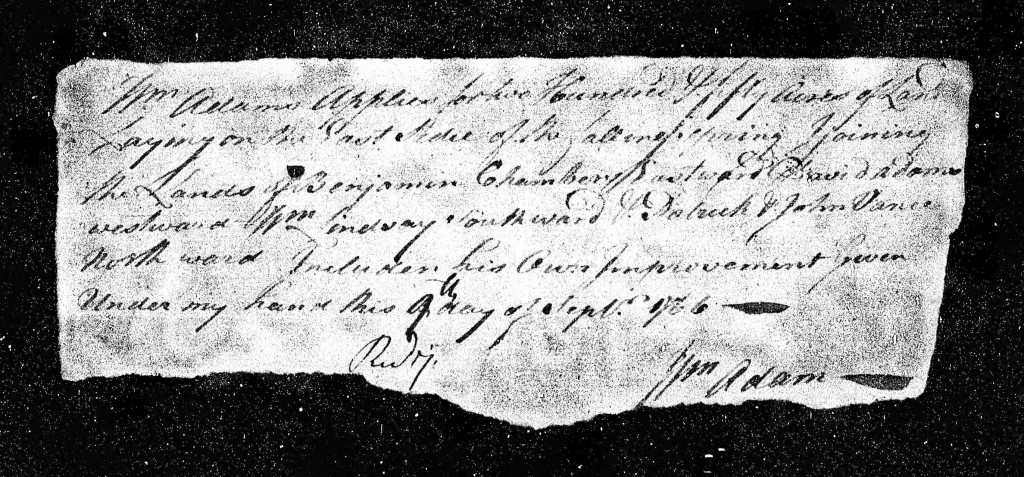 1766 Sep 9th - William Adams Land Application - Chambersburg - Cumberland County Page 1
