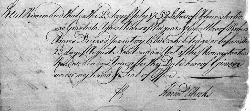 1752 Robert Adams (Wife Agnes) Letter of Administration - Cumberland County, PA