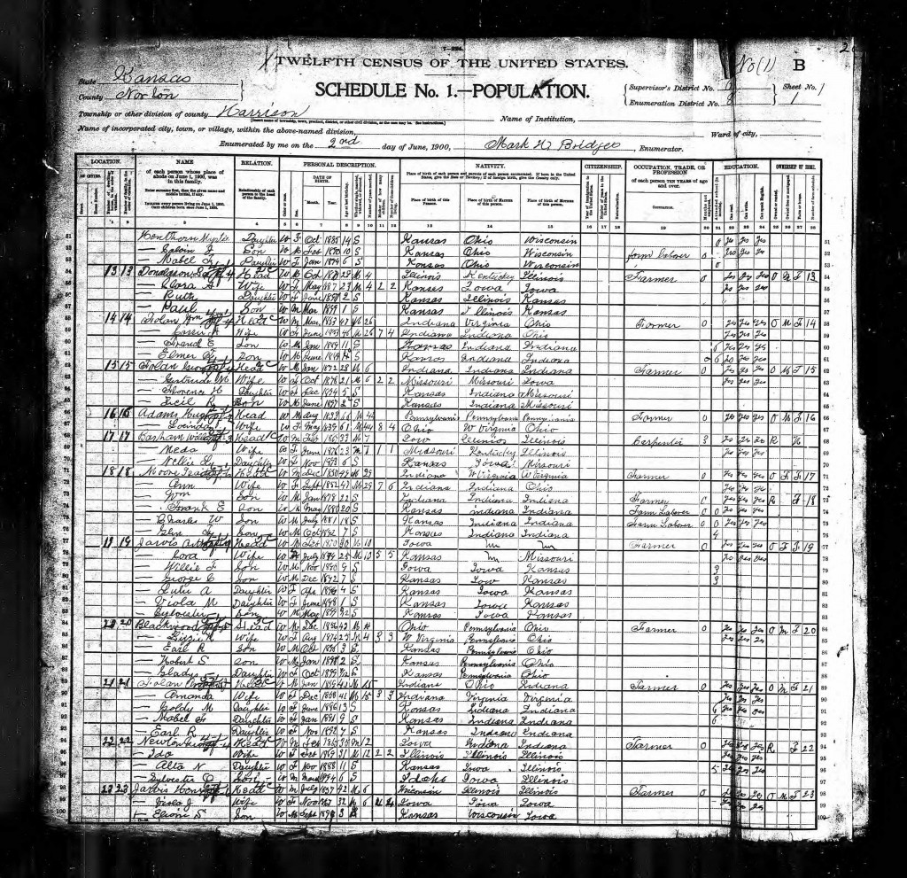 Hugh Adams - 1900 Census - Harrison, Norton, Kansas