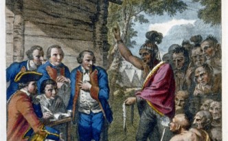 The Indians meet with Colonel Bouquet in a conference at a council fire, near his camp on the banks of Muskingum in North America in Oct. 1764.